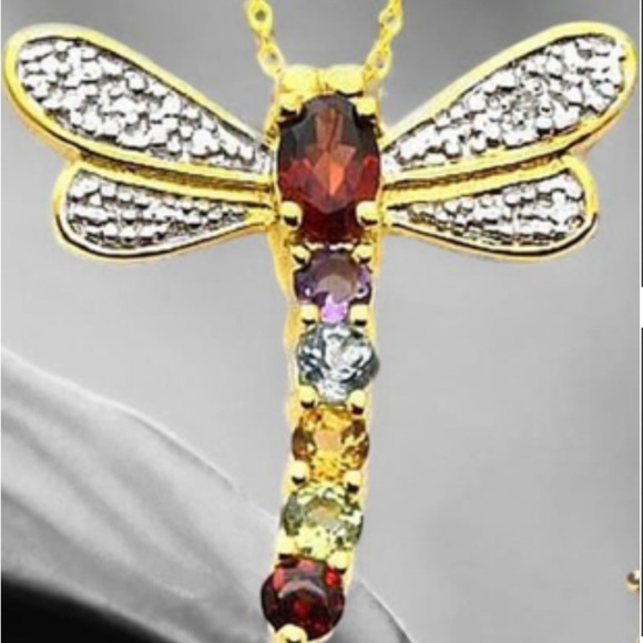 Multi-Gemstone 18kt Gold Plated dragonfly pendant - Picture 1 of 3